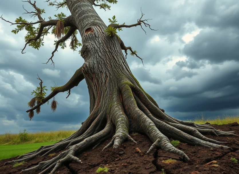 A damaged tree that is lean to the ground.