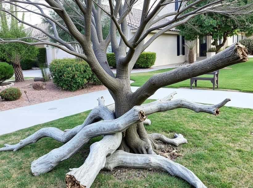 A tree having broken branches.
